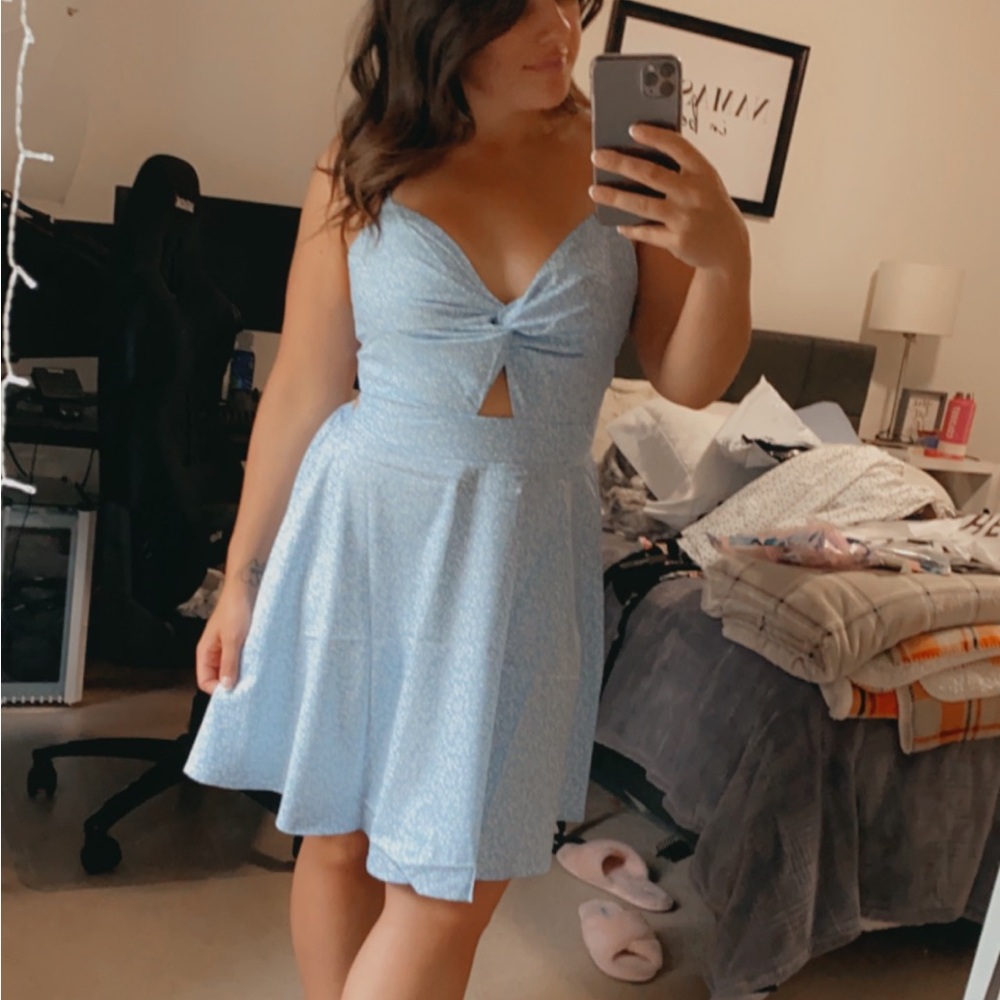 Blue & White Floral Spaghetti Strap Tie Dress